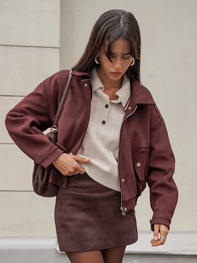 Damen Elastische Wildlederjacke mit Kordelzug in Braun, Modische Jacke mit Langen Ärmeln und Stehkragen, Locker Geschnittener Mantel für Frühling, Alltag und Streetwear 2026 – Detail 26