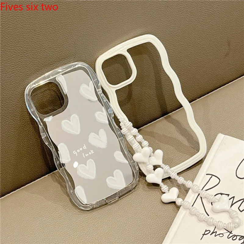 Lovely Case White Heart Makeup Mirror Korean Case For Apple iPhone 15 Pro Max 14Plus 13 12 11 XS X XR Soft Cover Bracelets Chain