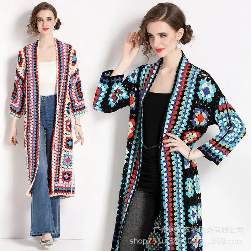 New Fashion Women Crochet Floral Color Blocking Grid Knitted Coat Casual Long Sleeve Outwear Loose Mid Long Styles Cardigan Top