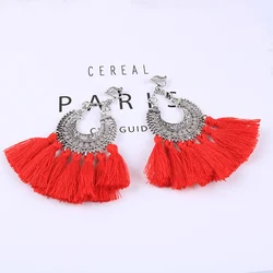 Bohemian Vintage Geometric Sector Tassel Clip on Earrings for Women Without Piercing Exaggerated Cotton Thread Fringe Ear Clips