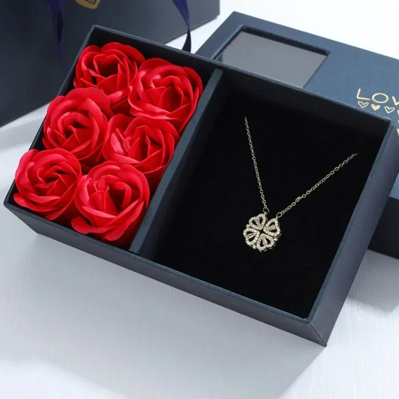 Dual Wear Clover Heart Necklace | Full Diamond Jewelry with Rose Box Gift for Mom