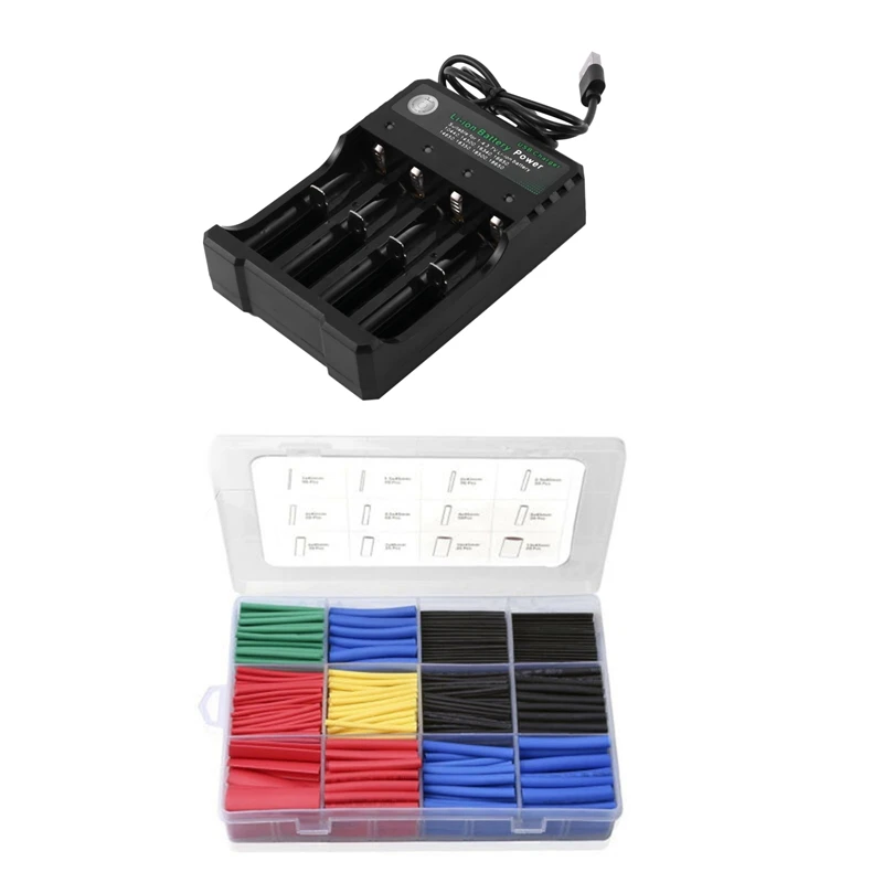 

4-Slot Battery Charger Li-Ion USB Smart Fast Charger With 560Pcs Heat Shrink Tubing Insulation Shrinkable Tube