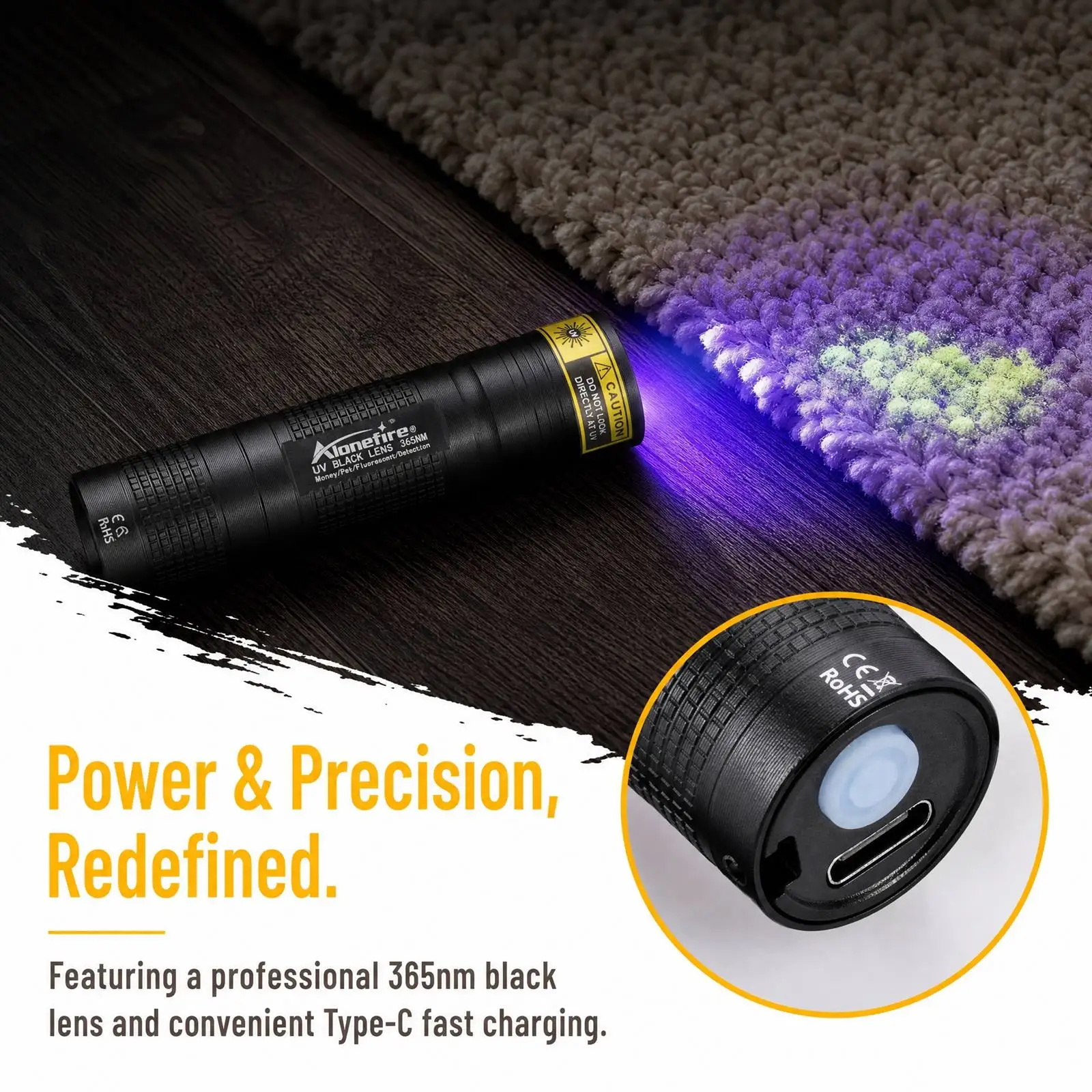 Mini 365nm/395nm UV Flashlight Usb Rechargeable UV Glue Curing Torch Cat Dog Pets Urine Tinea Money Ore Scorpion Detection Light view 6