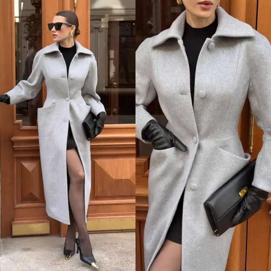 Chic Womens Overcoat Turn Down Collar Single Breasted Fitted Waist Long Cut Side Patch Soft Wool Fabric Social Events Customized
