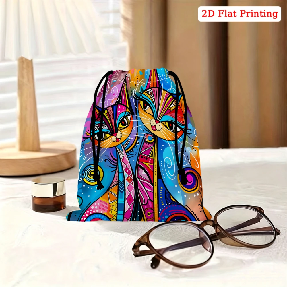 1pc Colorful Abstract Cat Drawstring Bag Multicolor Geometric Feline Print Storage Small Pouch For Glasses Cosmetics Travel Orga