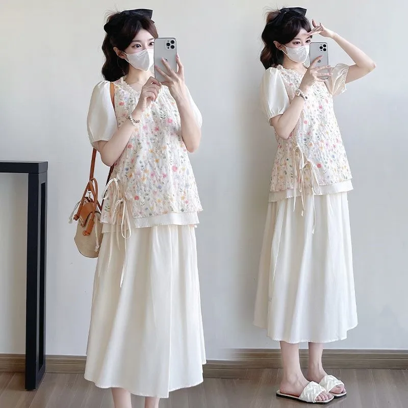 

Pregnant Women's Suit 2025 Summer Casual Colorful Embroidered Dress 2 Pieces Maternity Short Sleeve Breathable Clothes Set LI145