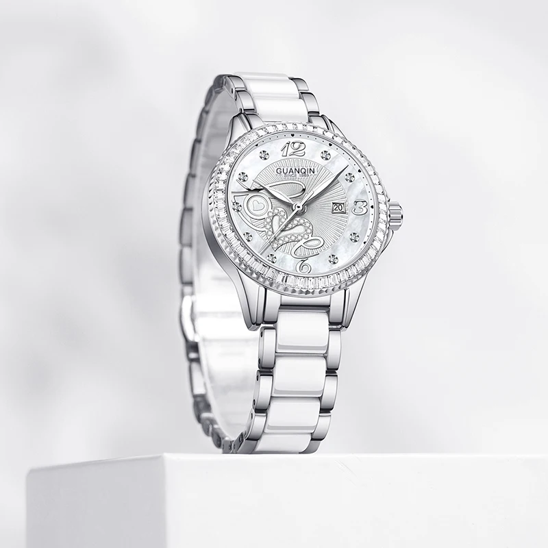 GUANQIN Luxury Women's Quartz Watch Mother-of-Pearl Dial LOVE Element Luminous Hands Leisure 30M Waterproof Watch for Lady Gifts
