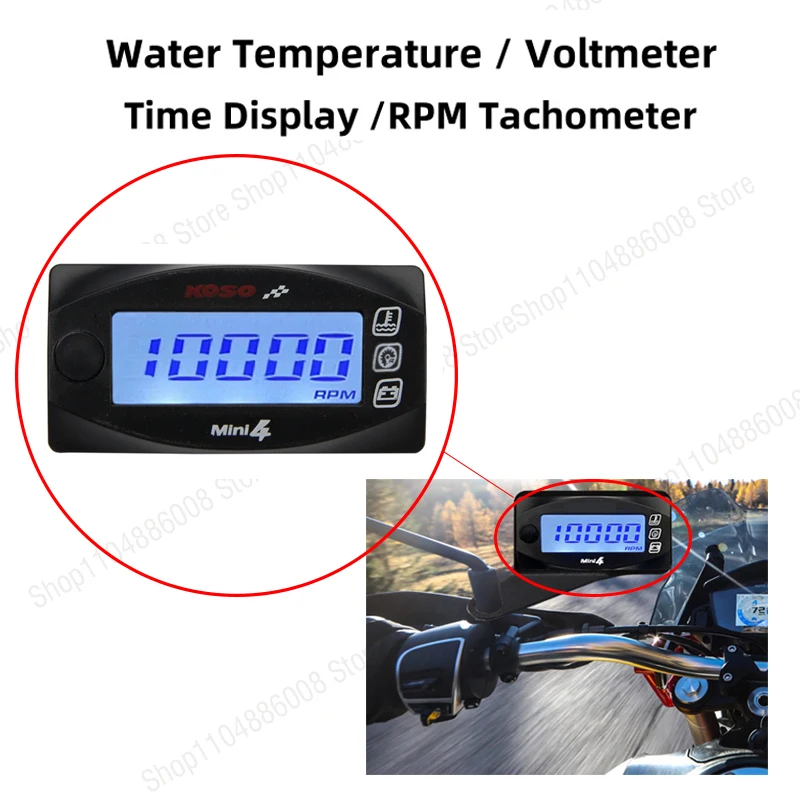 

KOSO Motorcycles Water Temperature Voltmeter Time Display RPM Tachometer Mini 4 in 1 LED Digital Modified Instrument Accessories