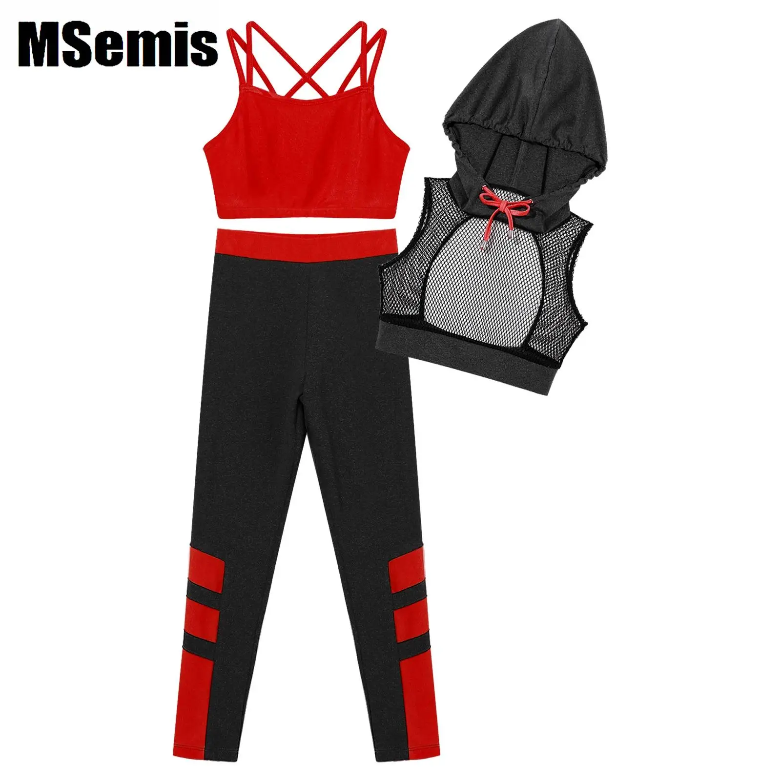 

Kids Sports Swimsuit Set Girls Camisole Hooded Mesh Crop Vest And Elastic Waistband Leggings Suit for Dance