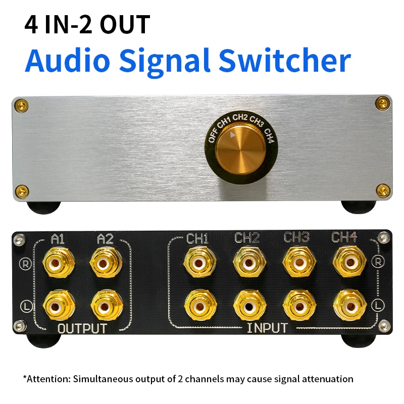 Passive Stereo RCA Audio Switcher Selector Box 4 in 2 Out, No Power Needed, for Multiple Audio Sources (CD/TV/Amp/Hi-Fi System)