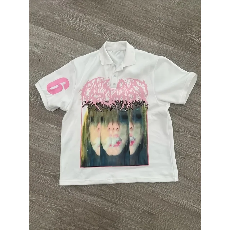 Vintage Cute Y2K Pink Abstract Graffiti Printed White Short Sleeve Loose Collar Shirt, Small Street Style