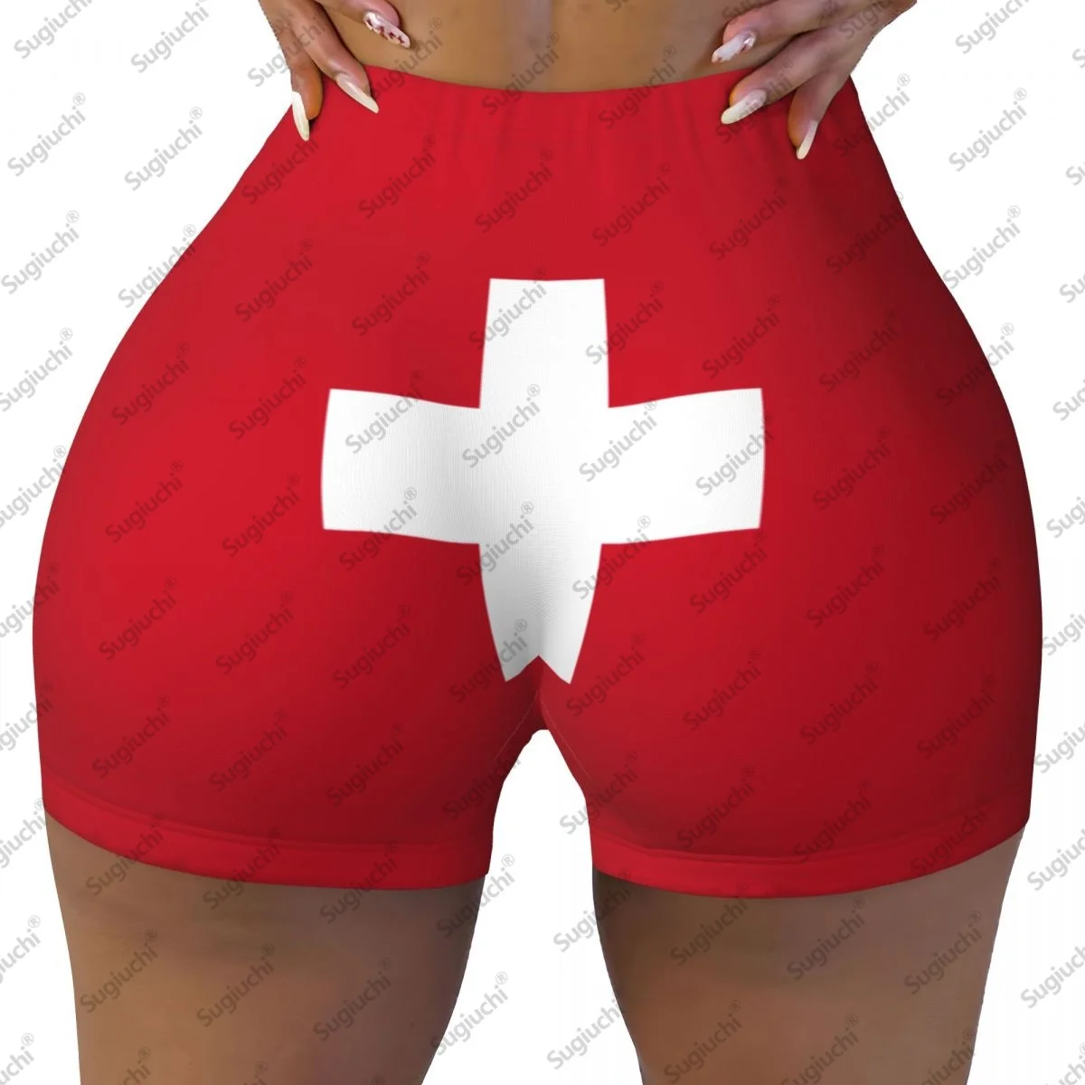 2026 スイス国旗ヨガショーツ女性用ワークアウトスクランチバットリフティングハイウエストジムランニングショートパンツ