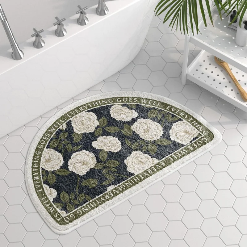 VIKAMA Vintage Semi Circle Soft Plush Bath Mat Absorbent Anti Slip Washable Dorm Bedroom Shower Entry Decor Floor Rug