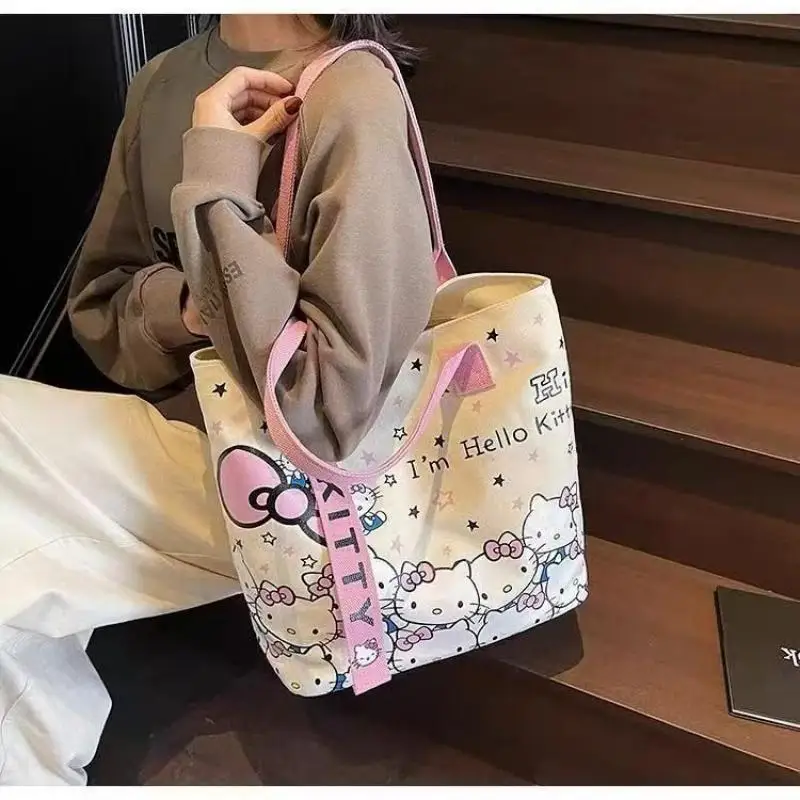 

Kawaii Hello Kittys Crossbody Bag Sanrios Canvas Portable Cute Portable Girl Student One Shoulder Cartoon All-Match Tote Bag