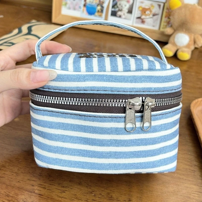 Korean Style Blue White Striped Makeup Bag Large Capacity Travel Wash Bag Handheld Zipper Storage Pouch for Girls Students