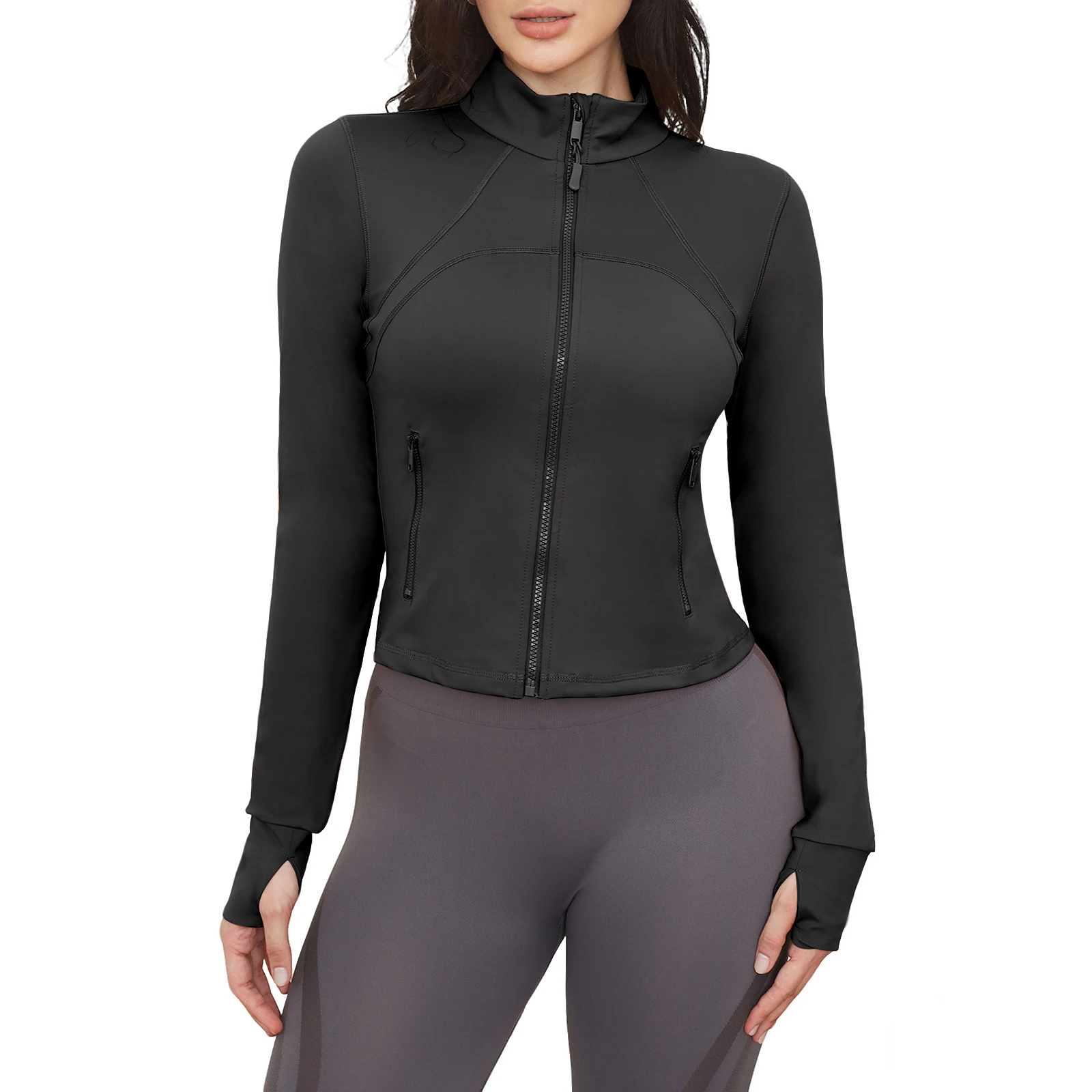 Ladies' Standing Collar Long Sleeved Waist Yoga Suit Outdoor Exercise Jacket Outerwear Fitness Suit