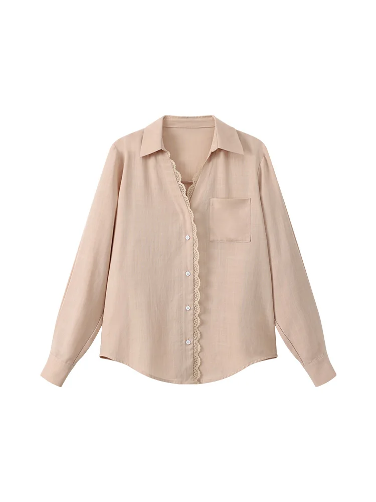 Summer Tencel Long Sleeve Shirt Women Lace Trim Lightweight Loose Fit Sun Protection Blouse Fashion Outdoor Cover-Up Shirt Top