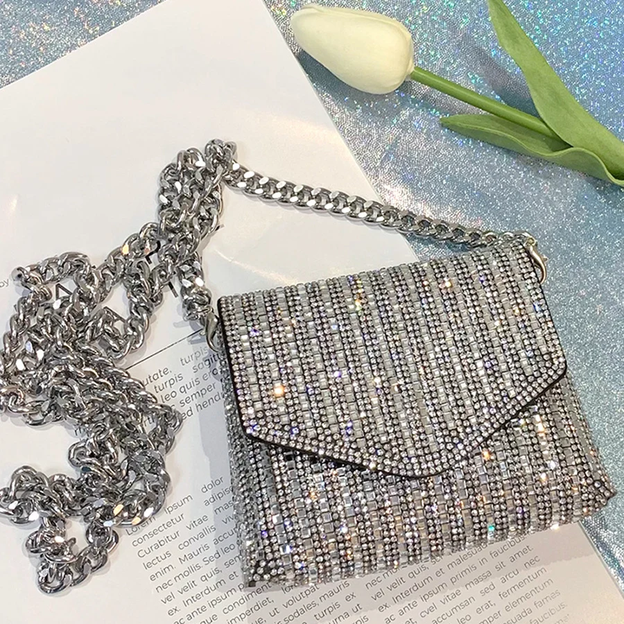 Small Square Bag,Glitter Bling Handbag Rhinestone Chain Decor Flap Shoulder Evening Bag,Wedding Party Prom Banquet Crossbody Bag