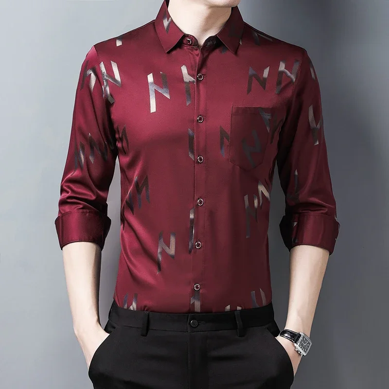 New Men\'s Casual Printed Long Sleeved Lapel Shirt for Spring and Autumn Fashion Comfortable Wrinkle Free Top Without Ironing