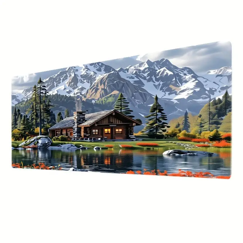 Brand Colorful Desk Mat Iron Art Large Mouse Pad Scenic Landscape Non-Slip Durable Wooden Cabin Lake Mountains Flowers