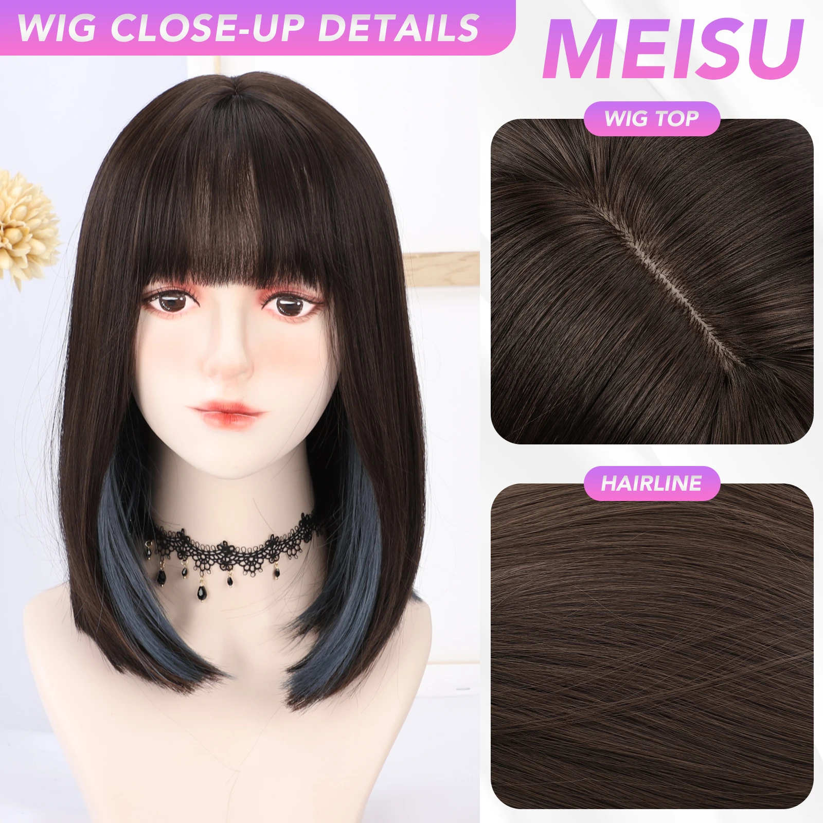 MEISU Bob 16 Inch Black Stairght Bangs Wig Fiber Synthetic Wig Heat-resistant Non-Glare Natural Cosplay Daily For Women Use