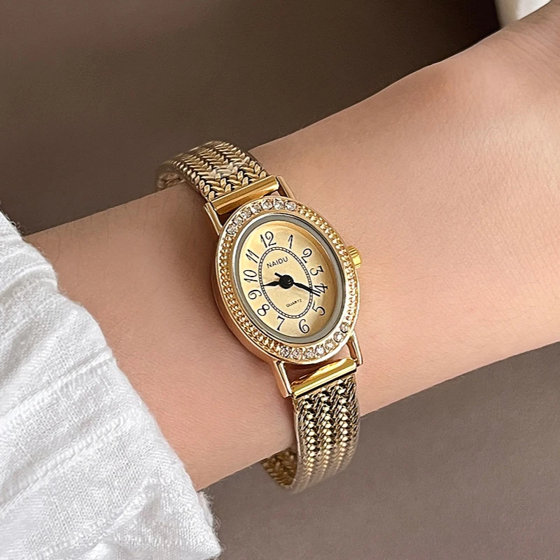 Luxury Brand Women's Vintage Elegant Small Oval Dial Crystal Quartz Watches Wheat Strap Wristwatches Ladies Relogio Feminino