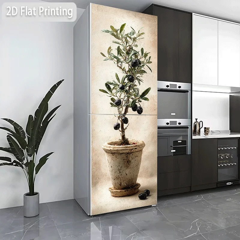 Refrigerator Sticker [60×180 Cm] Potted Olive Tree Theme Design Wall Sticker Decoration Wallpaper Self-Adhesive Refrigerator S