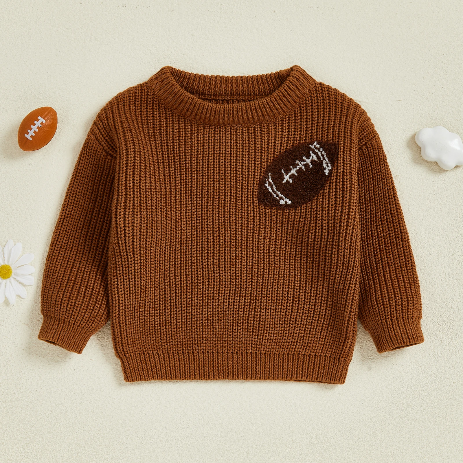 

Свитер с вышивкой для маленьких футбола, пуловер с круглым вырезом и длинными рукавами, массивные вязаные топы, детская зимняя одежда