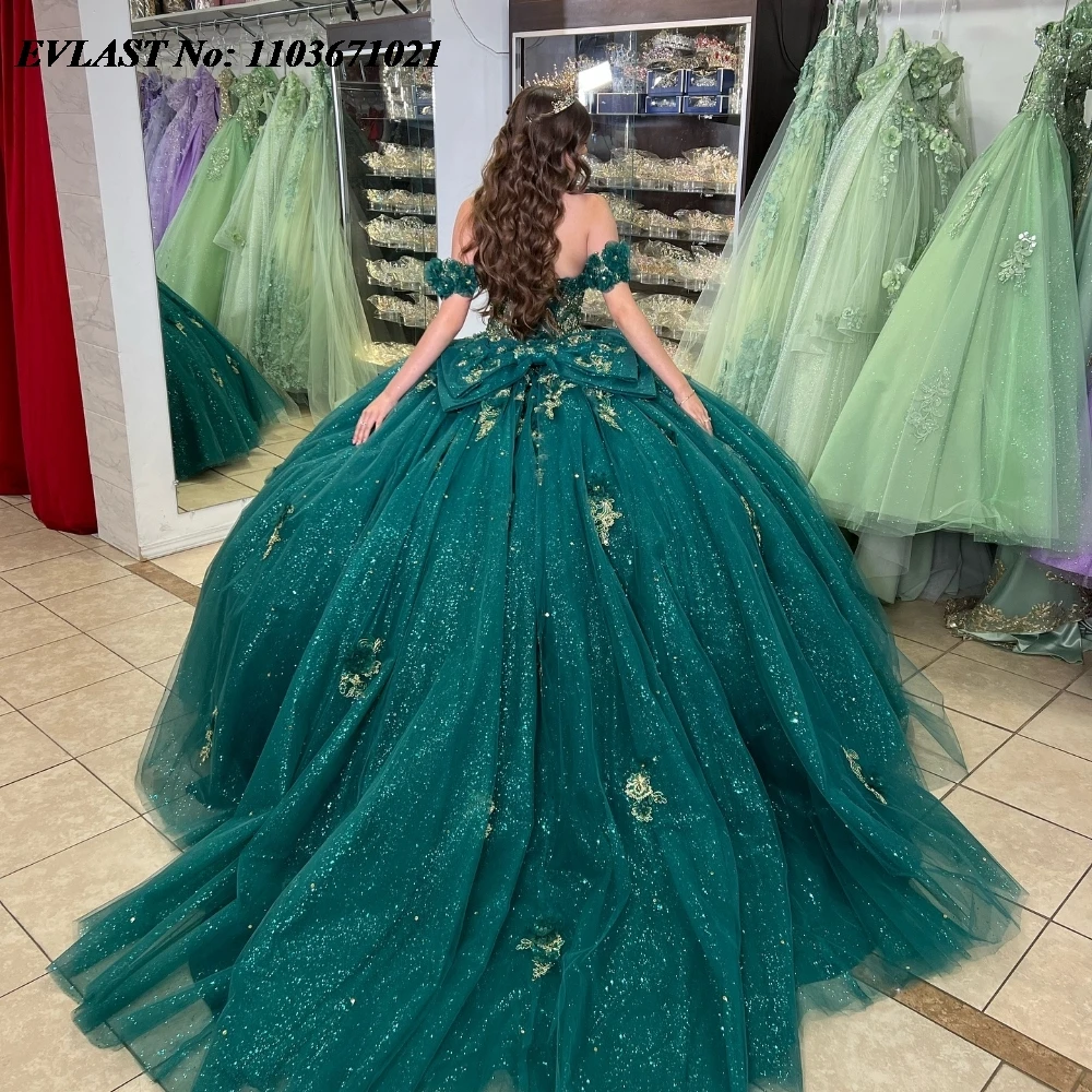 EVLAST Maßgeschneidertes grünes Quinnceanera-Kleid, Ballkleid, glänzende Spitze, Perlenstickerei, Schleife, Korsett, Sweet 16, Vestidos de 15 Anos SQ641