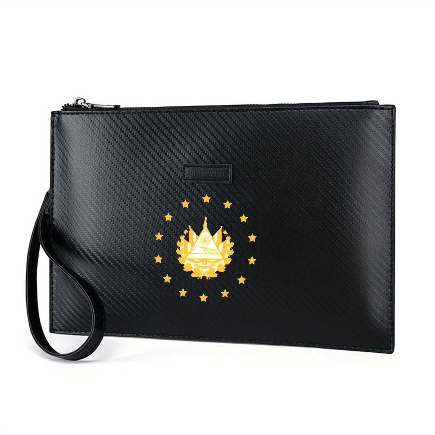 Goldenes Emblem mit Sternen auf schwarzem Hintergrund. Elegante bedruckte PU-Herrenhandtasche. Modisch und praktisch für den täglichen Transport