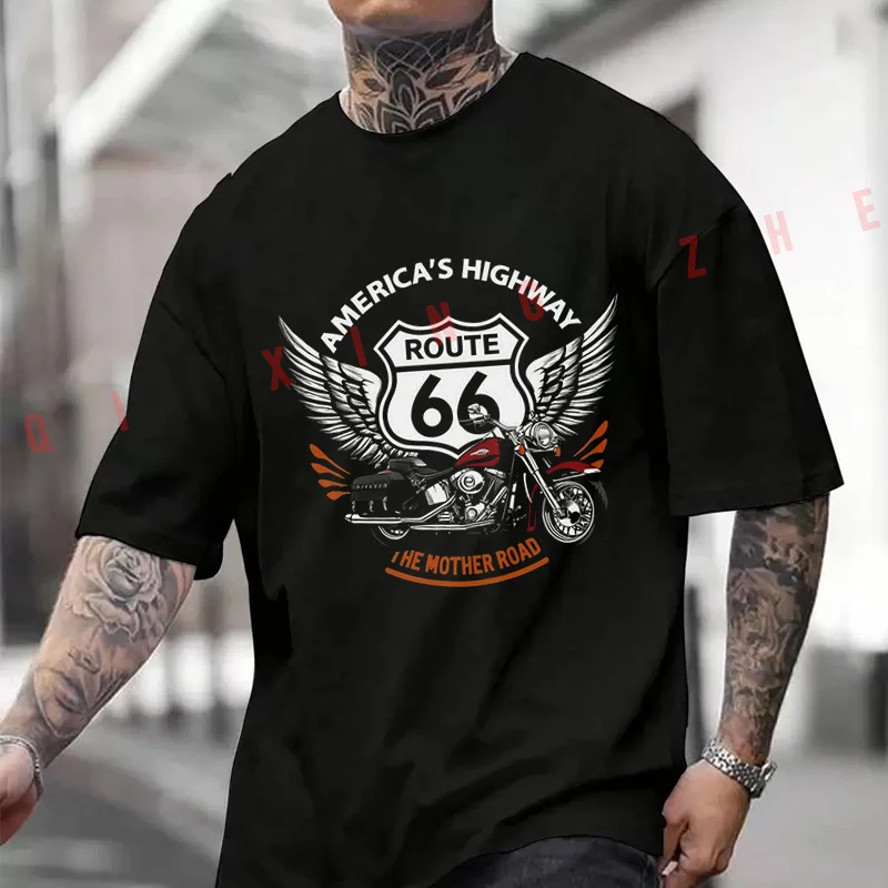 

Free Roads! Highway 66 Motorcycle 2026 Cotton Casual T-shirts Mens Summer Motorcycle Cycling Sportswear Top Tee