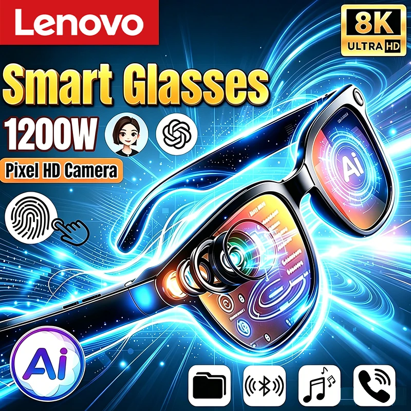 

Lenovo AI Smart Glasses 8K Remote Control Touch 1600W Pixels Camera Recording Voice Assistant Translator Bluetooth Sunglasses