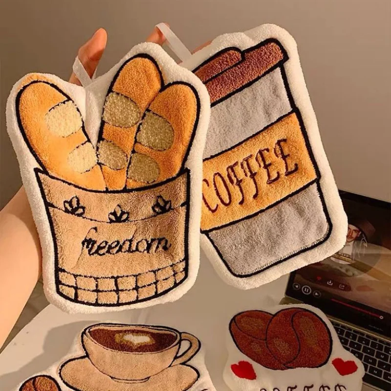 Cute Thickened Coral Fleece Coffee Hanging Hand Towel Soft Embroidered Kitchen Children's Towel Handkerchief for Home