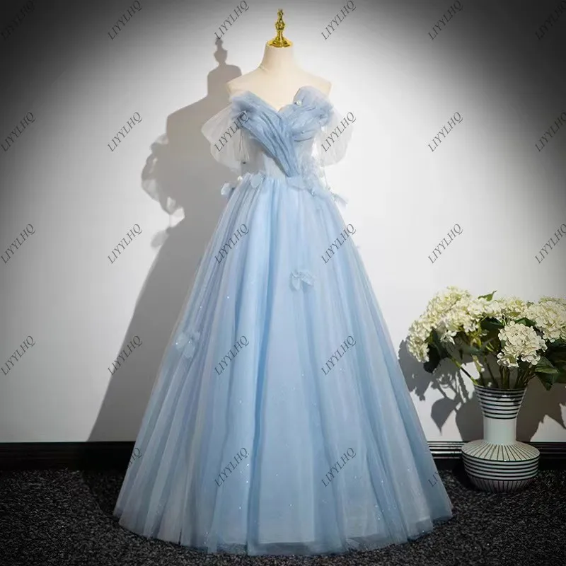 

LIYYLHQ Light Blue Prom Dresses Puffy Off Shoulder Ball Gowns Modern Pleat Sequined Formal Occasion Dresse Vestido De Fiesta