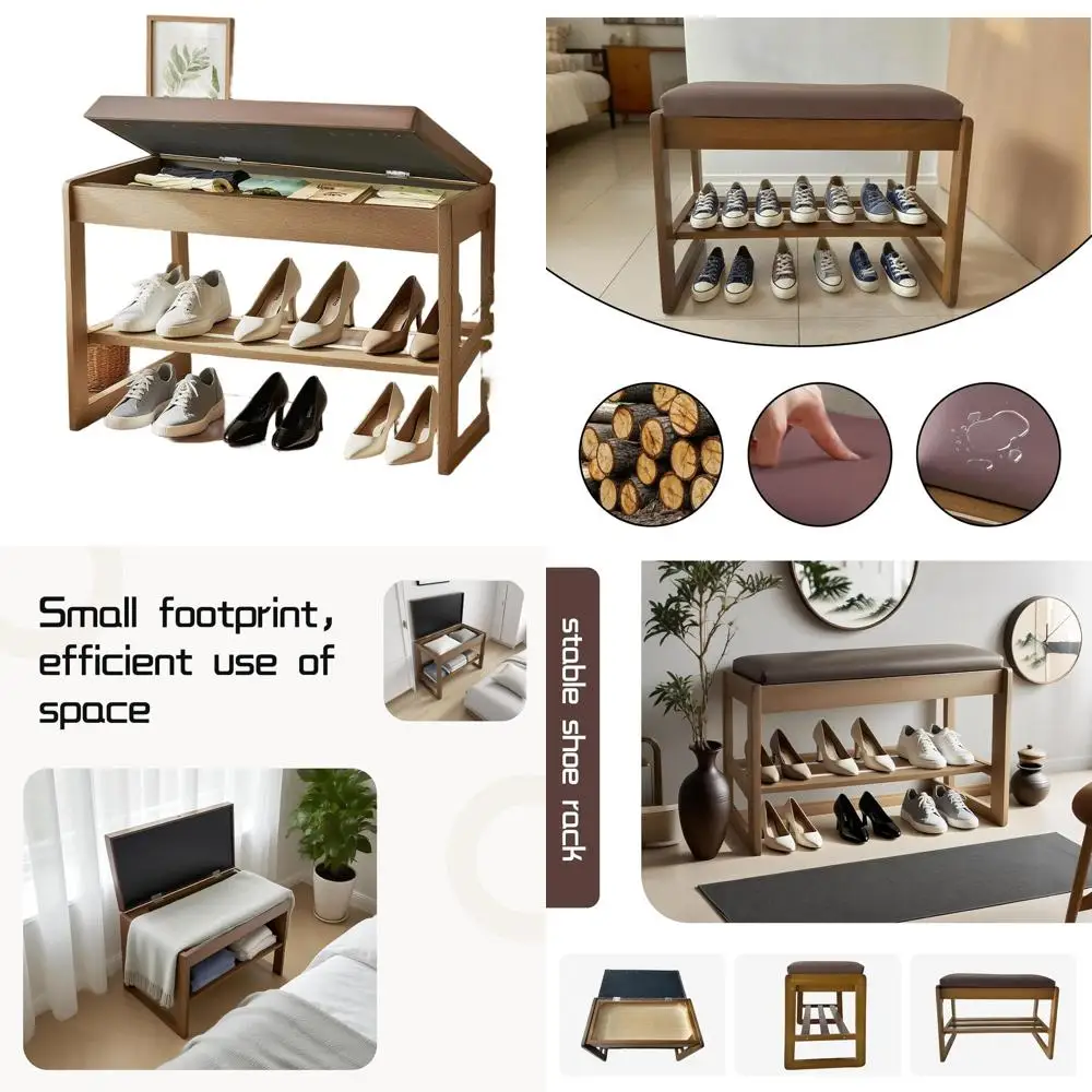 

Walnut 2-Tier Shoe Bench with Flip-Top Storage and Entryway Rack, 31.5