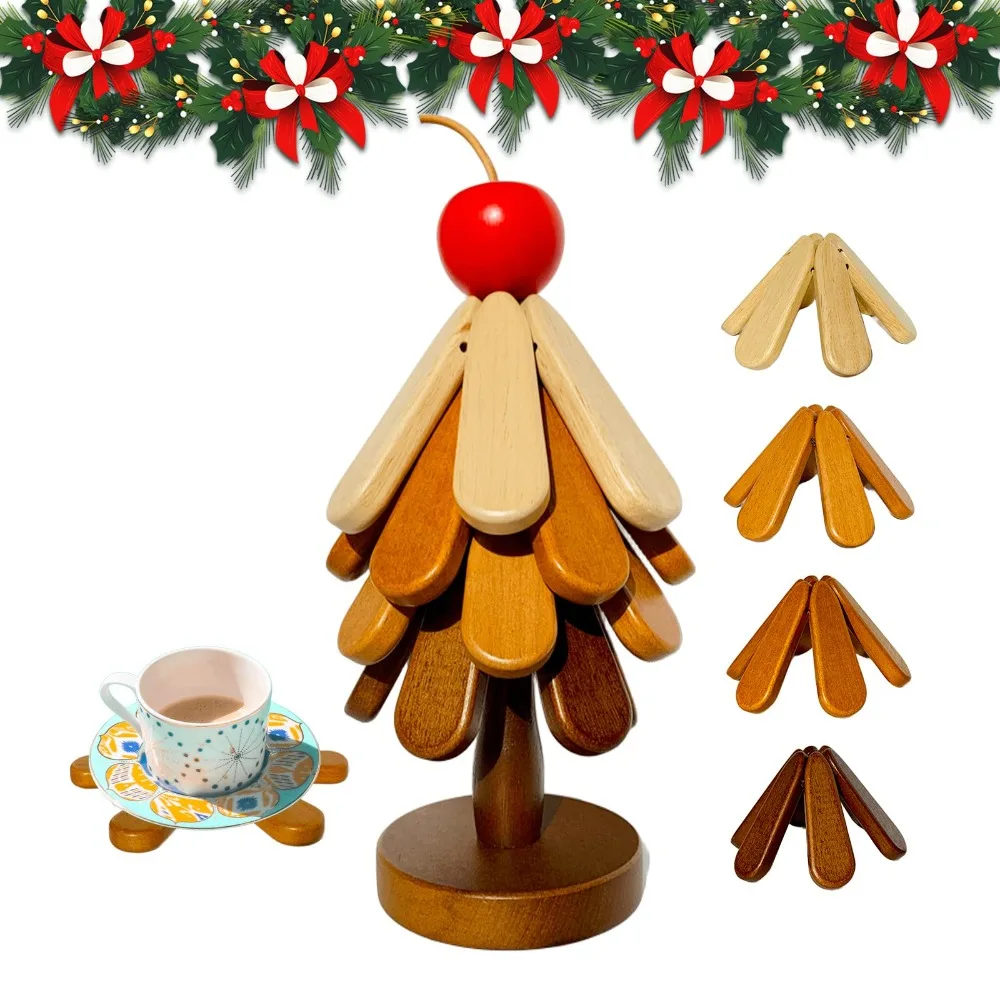 

Деревянные подставки для горячей посуды Набор подставок в форме дерева — 4 деревянных подставки + 1 подставка для хранения, как рождественская елка Яблоко/Звезда/Базовая