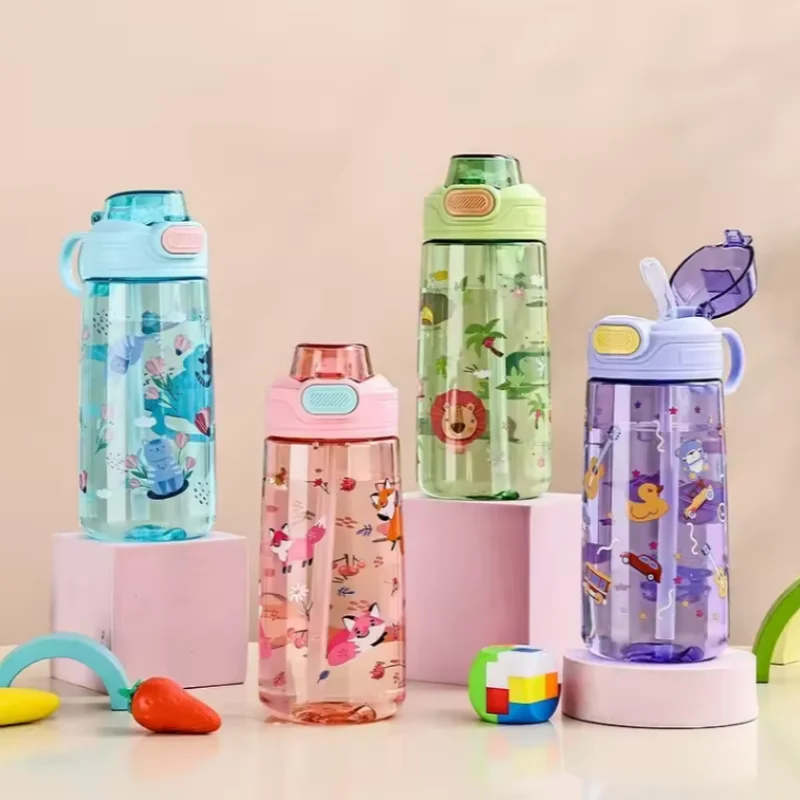 

550ml Cartoon Animal Water Bottle Portable Safety Lock Cute Straw Cup Kids Leak-proof Drinking Jug For Outdoor Camping Travel
