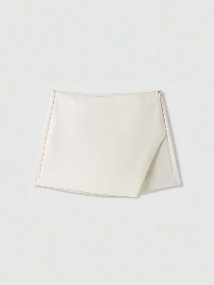 Women's Cream Solid Asymmetric Skort, Minimalist Wrap Design for Summer