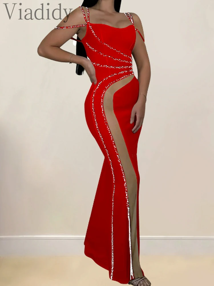 

Sexy Solid Color Sleeveless Rhinestone Decor Sheer Mesh Spliced Floor-length Party Dress
