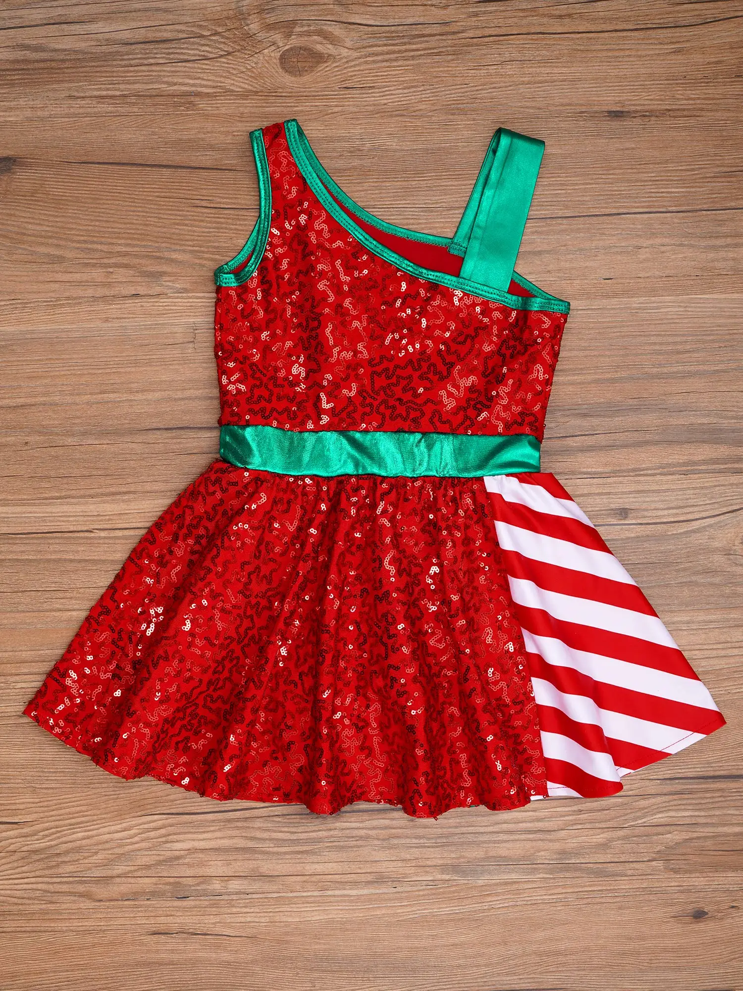 Kids Girls Sequins Christmas Costume Santa Sweetie Asymmetrical Shoulder Big Bowknot Dress for Holiday Xmas Dance Performance