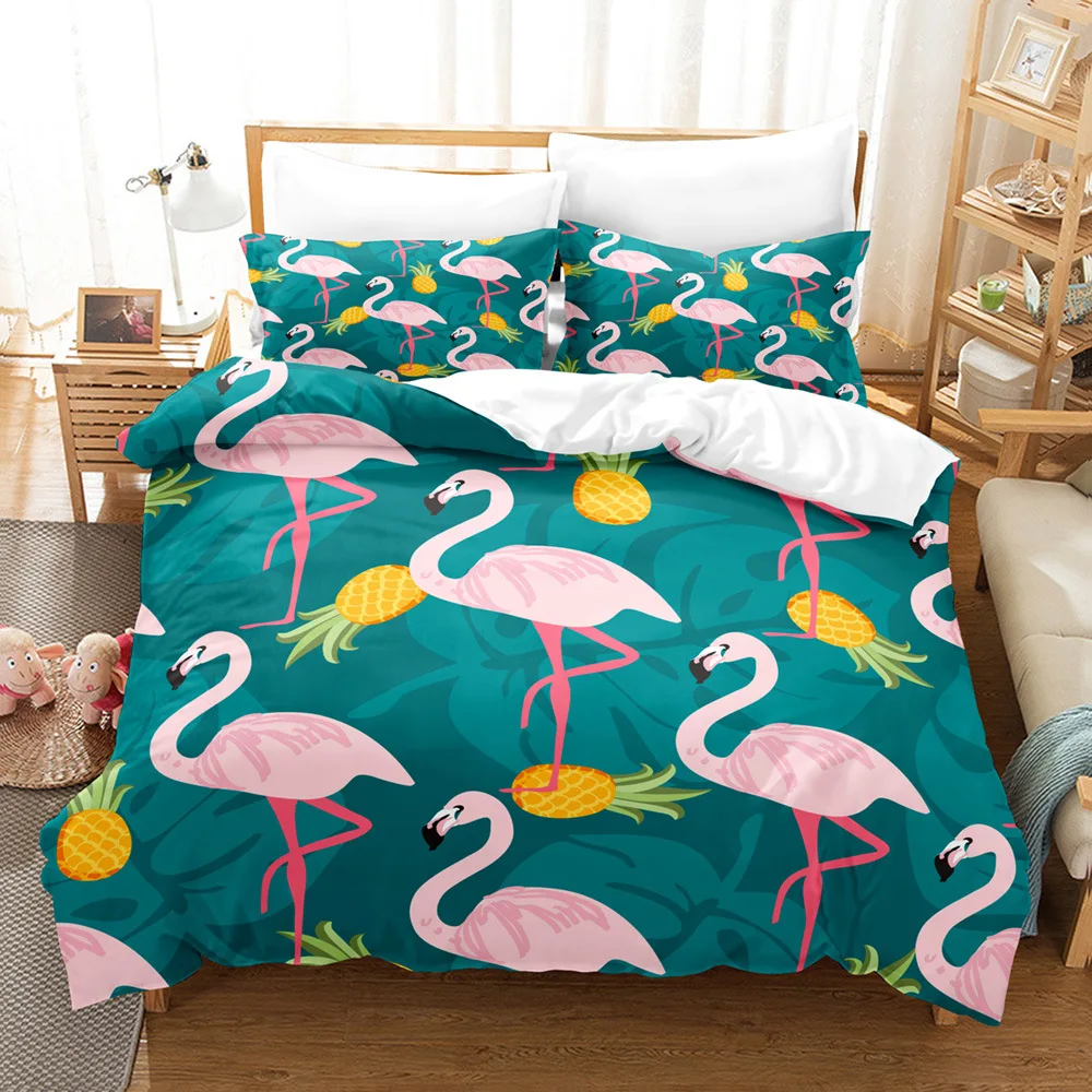 Flamingo Duvet Cover Set Palm Leaf Bedding Set Flower Tropical Botanical Hawaiian Island Floral Queen King Polyester Quilt Cover