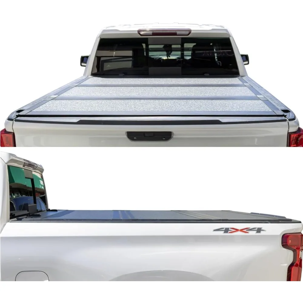 غطاء شاحنة صلب منخفض الطي ثلاثي الطي قابل للطي لسرير تونيو 2019-2025 تشيفي سيلفرادو/جي إم سي سييرا 5 بوصة 8 بوصة (69.6 بوصة)