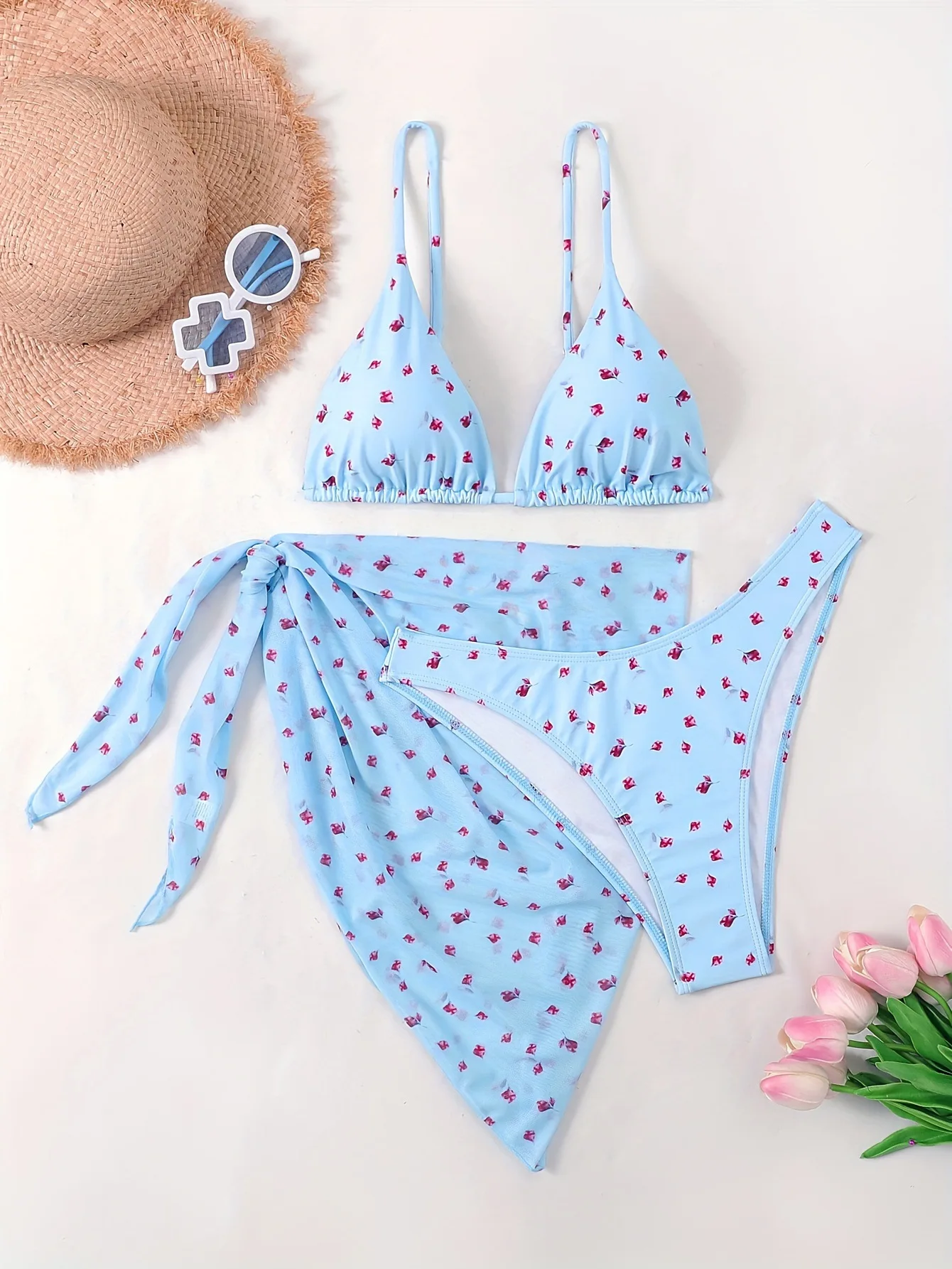 Conjuntos de biquínis sexy com estampa floral azul, 3 peças com capa de malha, saia, roupa de banho, roupa de praia, biquini tankini