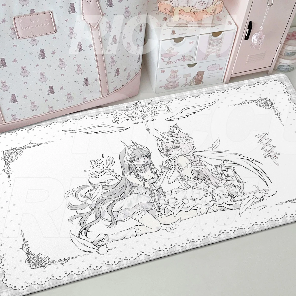 Ins Cute Angel Girls Mauspad, Laptop-Gummiunterlage mit verriegeltem Rand, Cuteore Schreibtischunterlage, Gaming-PC-Tastatur-Mauspad, Tischdeko, Anime-Mädchen-Pads