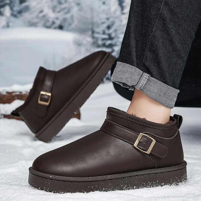 Nuevas botas de nieve de invierno, de cuero, para hombre, de marca, con forro de felpa, botines cortos, para uso en interiores, de algodón, para mujer, con pelo, para el hogar, botines pequeños para hombre.