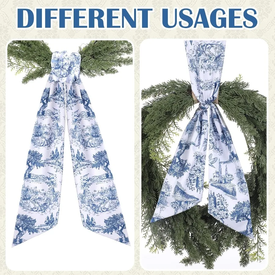 Blue Freh Toile Sash for Wreaths 2 Pcs Rustic Wreath Sashes for Front Door Kitchen Cabinet Wreath Sash for Monogram Embroidery