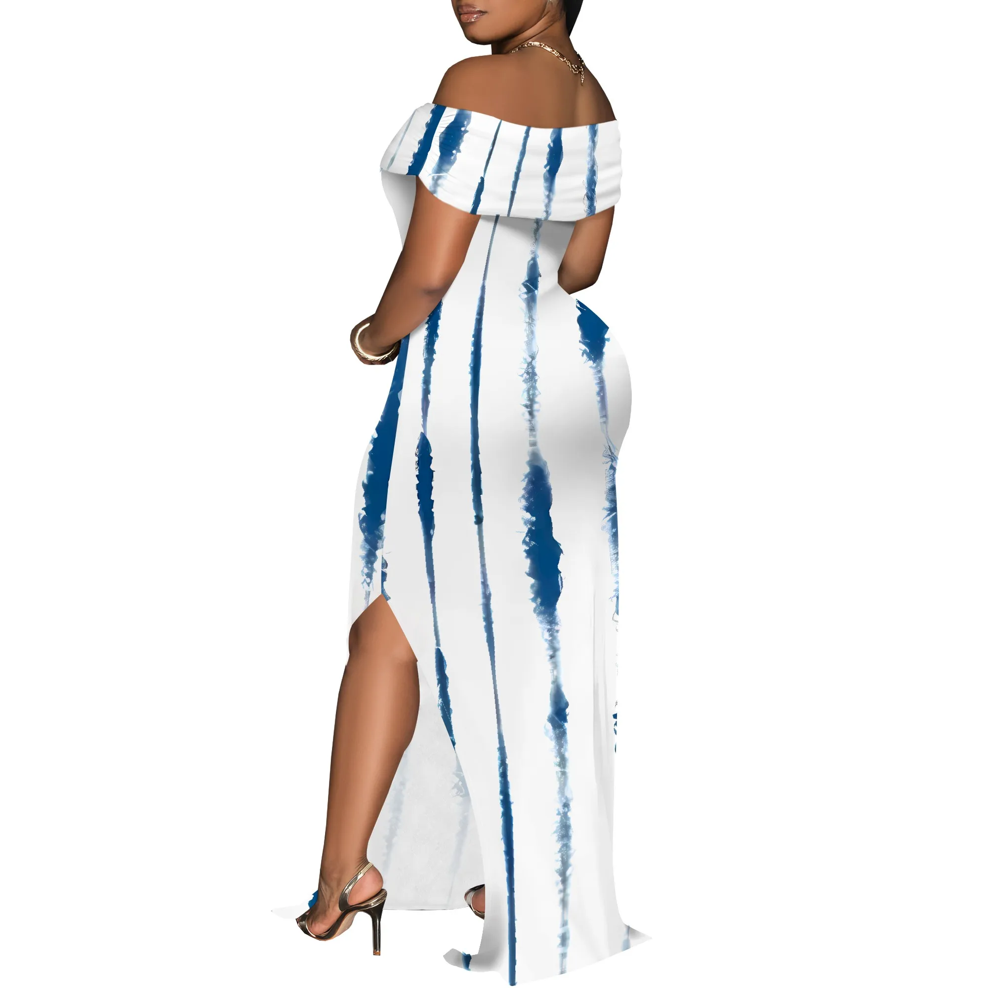 Schulterfreies Maxikleid mit Bambusblatt-Aquarelldruck, Sommer, lässiges Boho-Outfit