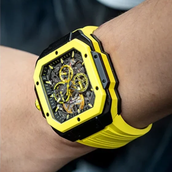 CRONUSART الرجال ساعة كرونوغراف مربع 45 مللي متر التلقائي الميكانيكية ساعة اليد مضيئة الهيكل العظمي الهاتفي حزام الفلوروروبر