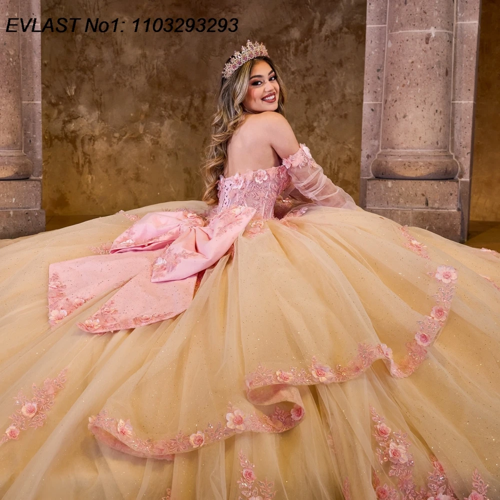 EVLAST ที่กําหนดเอง Glitter Quinceanera Ball Gown ดอกไม้สีชมพู Applique ลูกปัดฉัตรโบว์หวาน 16 Vestido De 15 Anos E1Q198