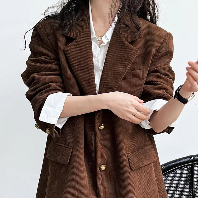 Brown Corduroy Blazer Women's 2026 Spring New Fashion Loose Casual Small Suit Office Lady Blazer Femme Jackets